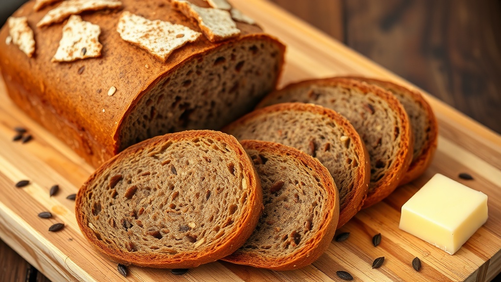 Homemade Dark Rye Bread Recipe Freshly baked dark rye bread on a wooden board with slices cut revealing the soft interior.